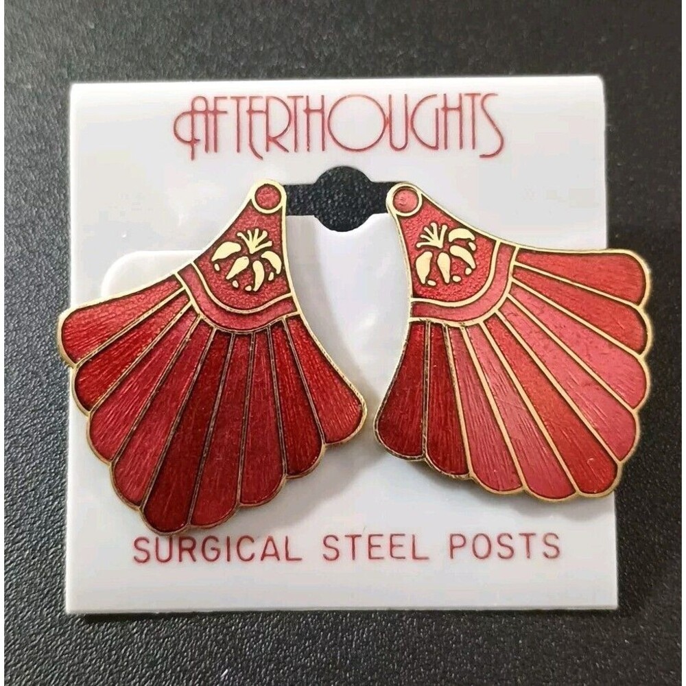 Cloisonne Red Pink Gold Tone Fan Vintage Earrings New Old Stock
